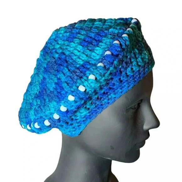 Beaded Beret Hat Women Size Adult Multicolor Blue White Crochet Warm Embellished - Picture 3 of 6